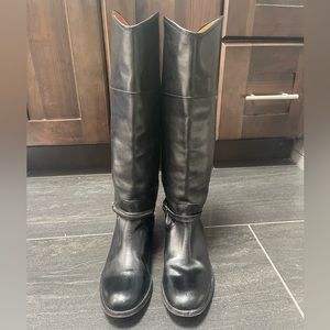 FRYE Women Melissa Belted Knee High Tall Riding Black Leather Boots US 7 campus